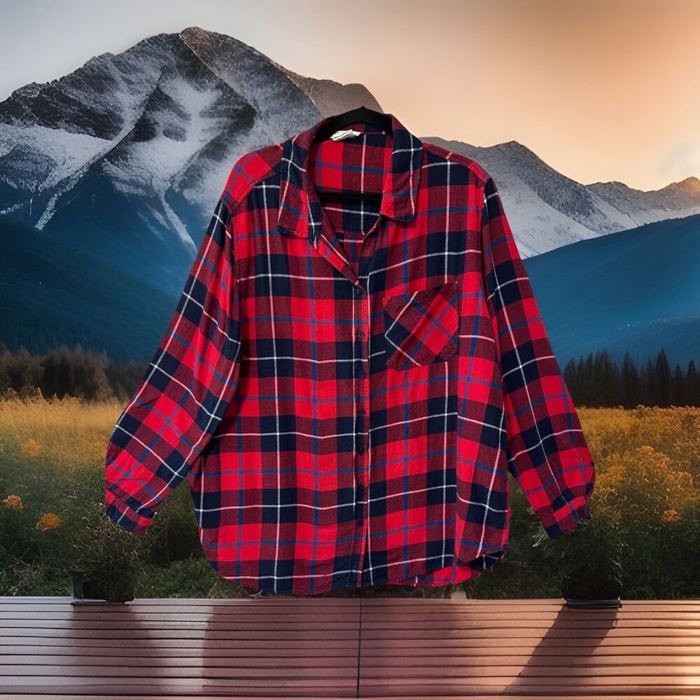 Beach Lunch Lounge Plaid Flannel Button Up Shirt‎ Size XL 100% Cotton Holidays